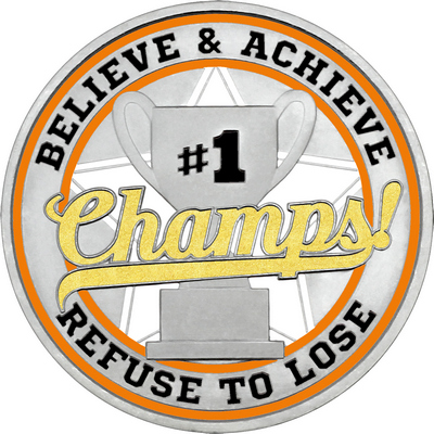 Gold "Champs!" with Orange Outer Circular Borders